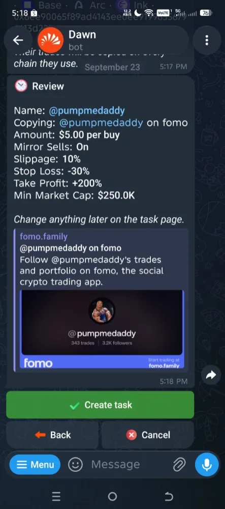 Dawn copy trading review screen before creating a task, listing the trader, amount per buy, mirror sells, slippage, stop loss, take profit and minimum market cap