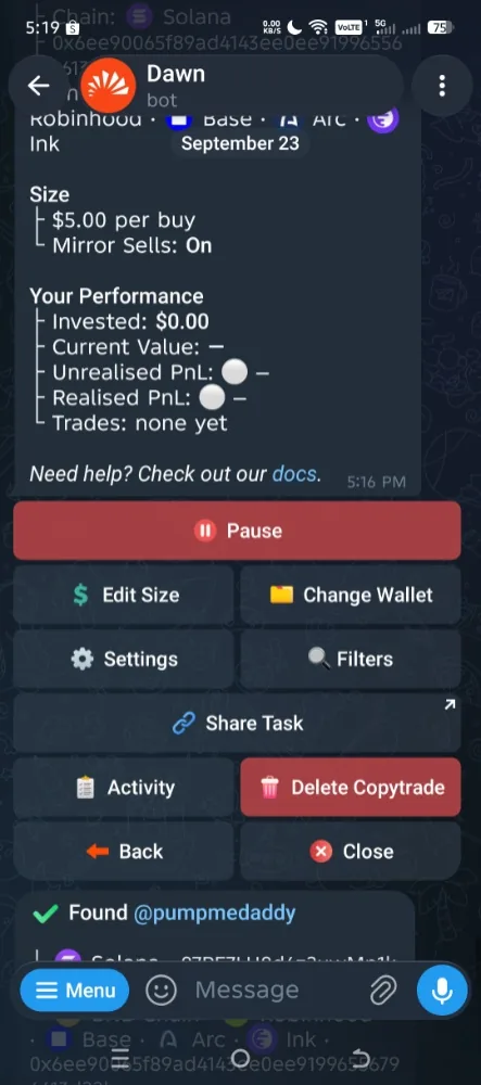 Dawn copy trade task dashboard in Telegram with Pause, Edit Size, Change Wallet, Settings and Filters buttons