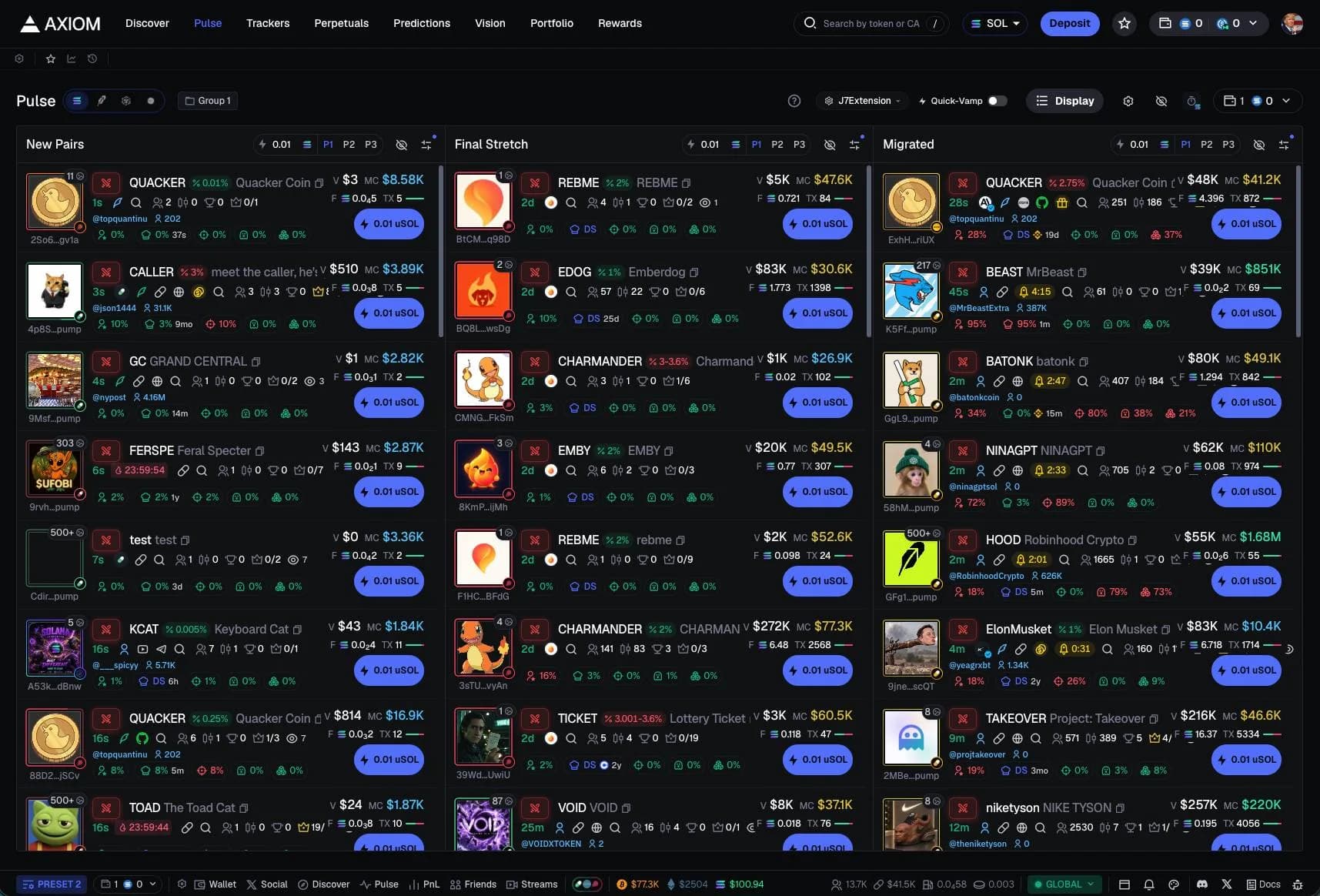 Axiom Pulse page showing the New Pairs, Final Stretch and Migrated columns with token cards, quick-buy buttons and preset selectors