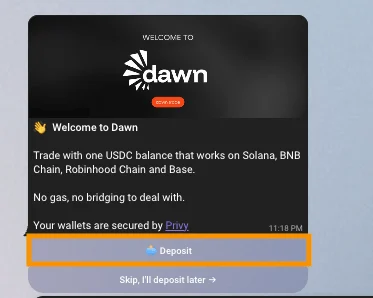Dawn welcome message in Telegram explaining one USDC balance across Solana, BNB Chain, Robinhood Chain and Base with a Deposit button