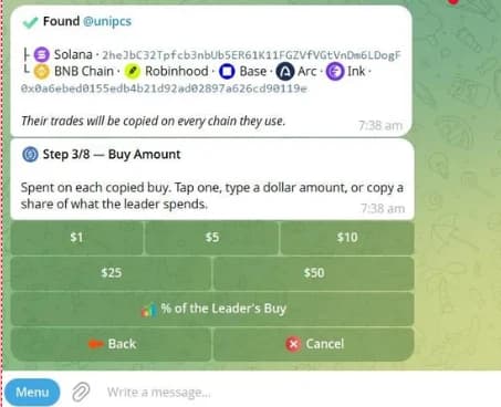 Dawn's buy amount step with fixed dollar options and a percentage option