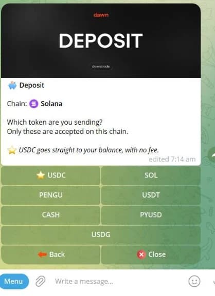 Dawn's deposit screen with Solana selected and USDC as the first token option
