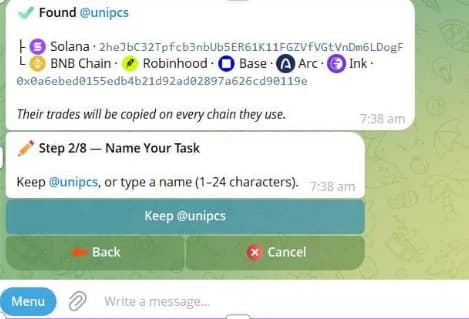 Dawn confirming the Fomo trader and asking for a task name