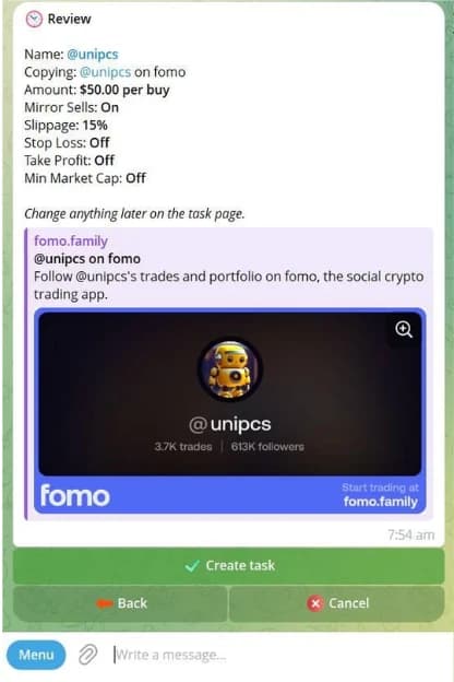 Dawn's review screen before creating the copy trade task