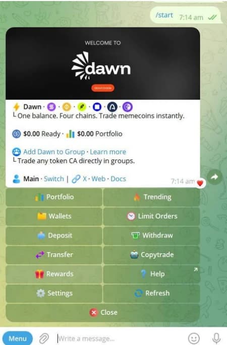 Dawn's main menu in Telegram after typing /start
