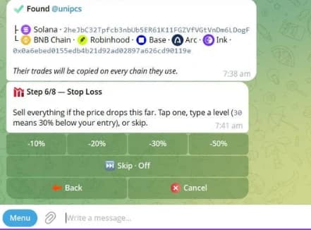 Dawn's stop loss step with preset levels and a skip option