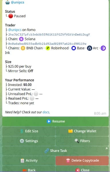 A Dawn copy trade task dashboard with Resume, Edit Size, Settings and Filters
