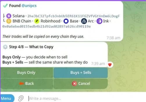 Dawn's "What to Copy" step with Buys Only and Buys + Sells