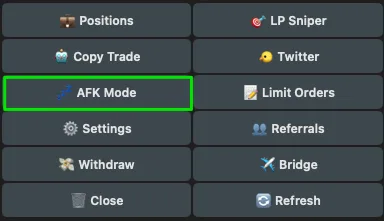 Bloom Telegram main menu with Positions, LP Sniper, Copy Trade, Twitter, AFK Mode, Limit Orders, Withdraw and Bridge buttons